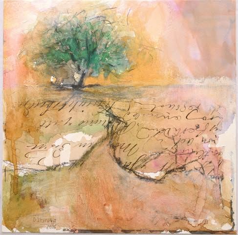 A green tree above flowing handwritten script in a warm peach, ochre, and cream mixed-media landscape.